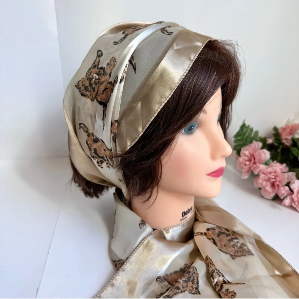 Metallic Gold Cream Chiffon Satin Silky Cat Print Scarf
